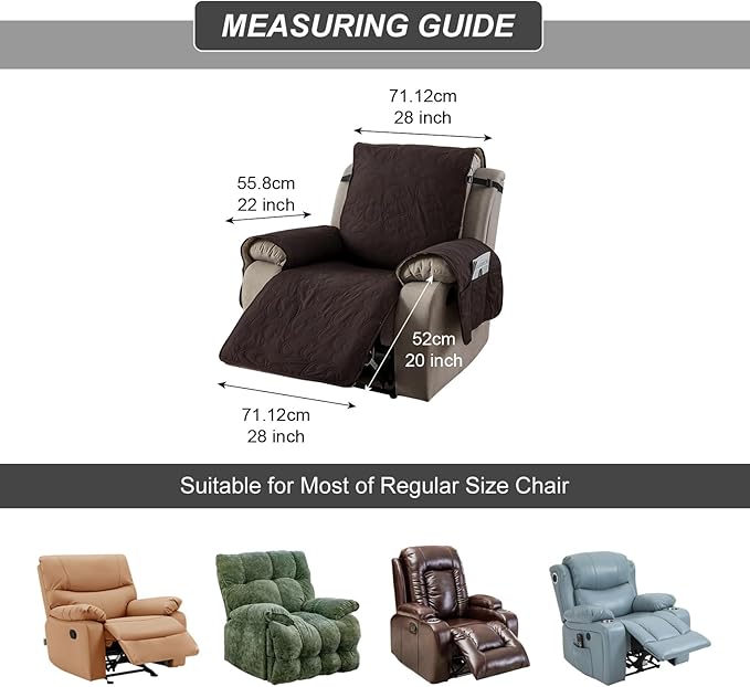 100% Waterproof Recliner Chair Cover, Recliner Chair Covers for Reclining Chair, Non-Slip Fabric Recliner Couch Cover for Living Room, for Pets Kids Protector, Washable (Chocolate, 28"Recliner Chair)