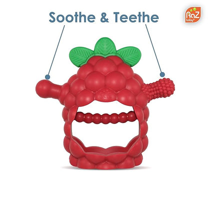 RaZbaby RaZberry Grip Silicone Teether Toy for 3M+ | Drop Resistant Hand Held Teether for Babies and Infants - Designed by Nature with Our Patented BerryBumps Multitextured Design 3M+, Blue