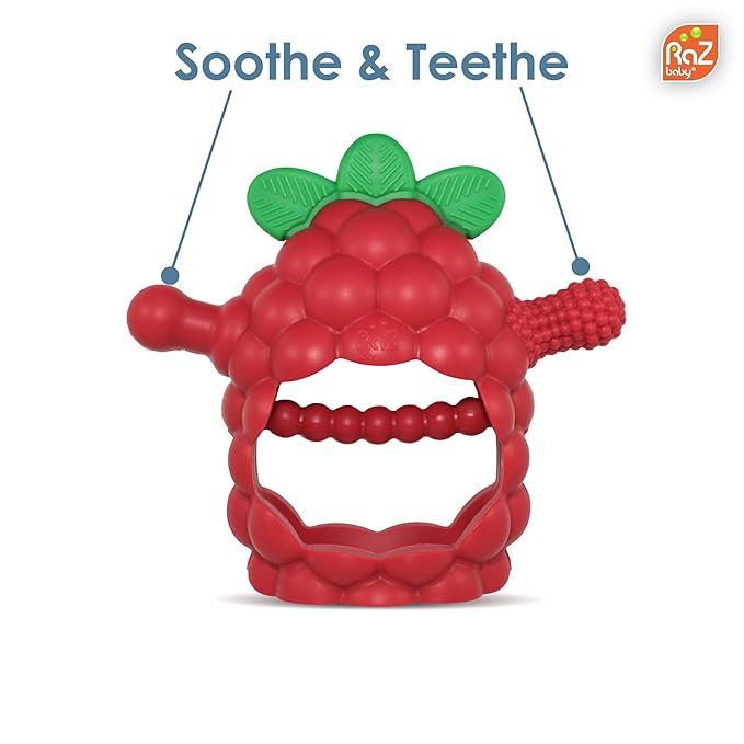 RaZbaby RaZberry Grip Silicone Teether Toy for 3M+ | Drop Resistant Hand Held Teether for Babies and Infants - Designed by Nature with Our Patented BerryBumps Multitextured Design 3M+, Red