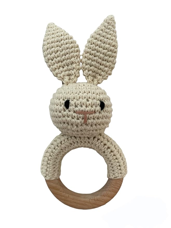 Baby Gift Rattle and Teether Toy Handmade Crochet, Safe and Non-Toxic Beechwood