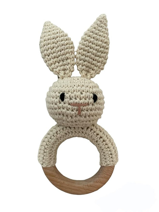 Baby Gift Rattle and Teether Toy Handmade Crochet, Safe and Non-Toxic Beechwood