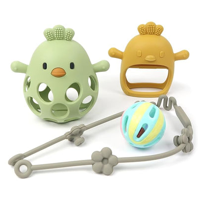 Baby Sensory 4-Piece Toy Set: Hollow Hand-Gripping Chicken Teether, Teething Mitten