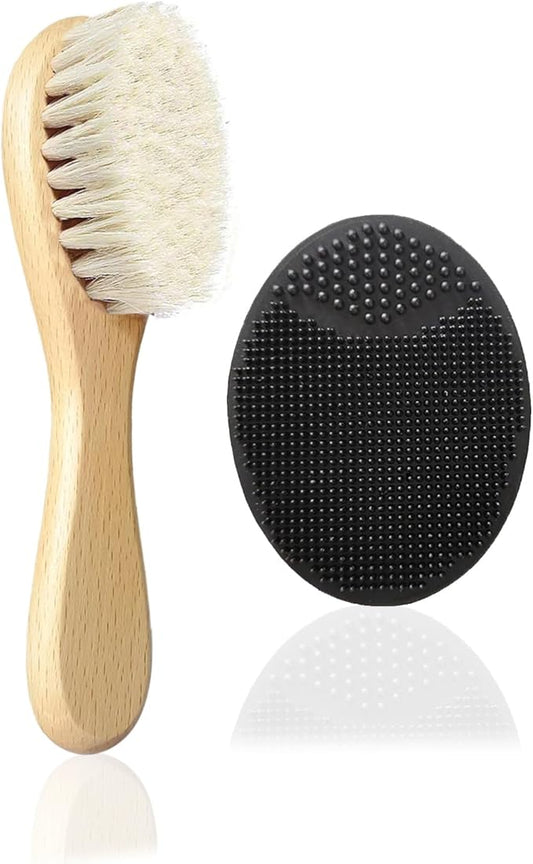 Baby Hair Brush, Mocokkiti Goat Bristles Brush and Baby Cradle Cap Brush Set for Cradle Cap Wood Bristle Brush for Newborns and Toddlers 2PCS