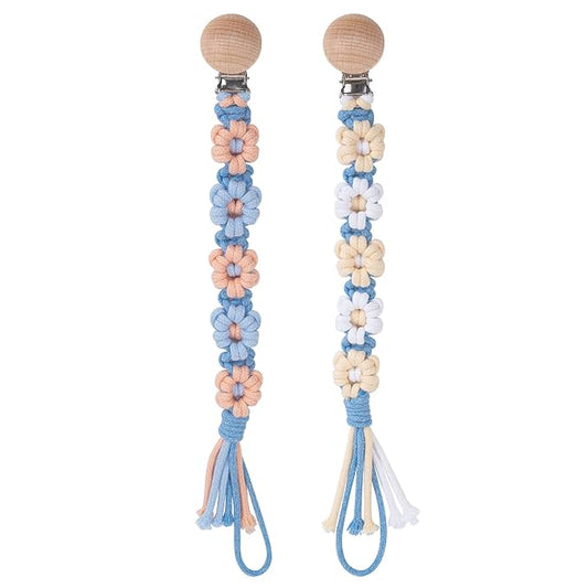 Pacifier Clip for Boys Girls Floral Daisy Macrame Baby Paci (2pack:Daisy A