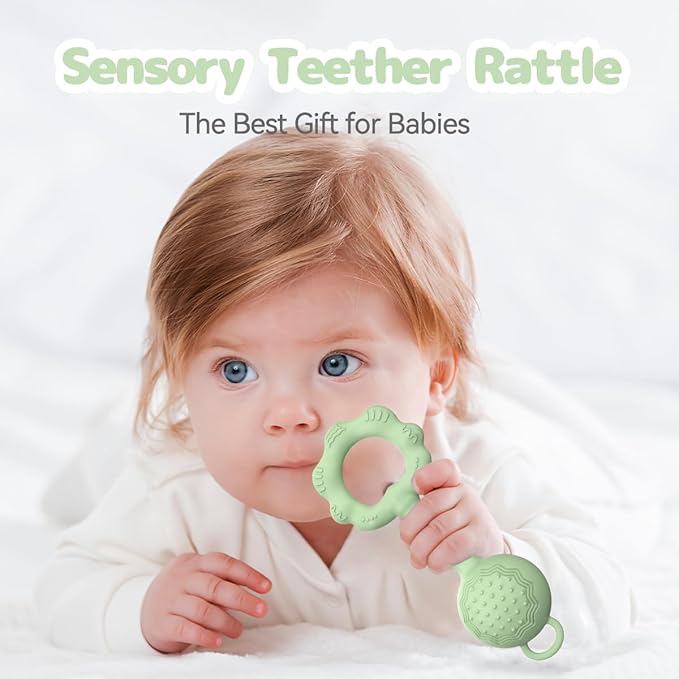 Teethers for Babies 6-12 Months, Baby Rattles 0-6 Months 2-in-1 Rattle