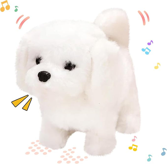 Hopearl Walking Dog Bichon Interactive Electronic Pet Plush Toy Puppy Woof and Moving Animated Nodding Head Gifts for Toddlers Birthday, White 7''