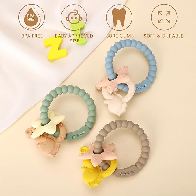 Socub Silicone Baby Teething Toy, Food Grade Silicone Teether Ring 3-6 12 18 Months