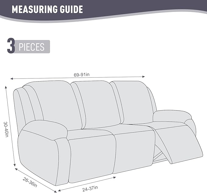 KinCam Recliner Covers, Stretch Reclining Chair Covers, Recliner Sofa Slipcovers Stripe Jacquard Recliner Couch Covers Furniture Protector Covers for Pet Kid (3 Seater, Light Gray)