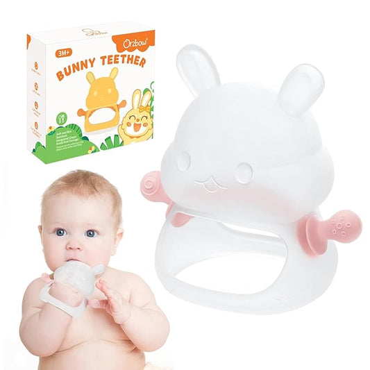 Orzbow Bunny Teething Toys for 3-12 months Baby Teether Bpa Free Food Grade Silicone, Easy to Grip Anti-Drop Hand Teething Mitten