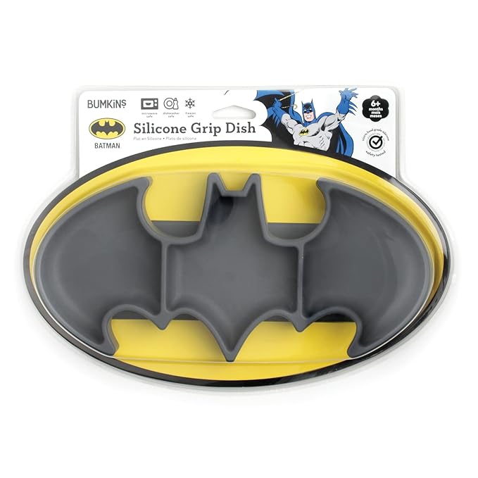 Bumkins Toddler and Baby Suction Plate, Silicone Grip Dish, Babies and Kids, Baby Led Weaning, Children Feeding Supplies, Non Skid Sticky Bottom, Platinum Silicone, Ages 6 Months Up, Batman Gray