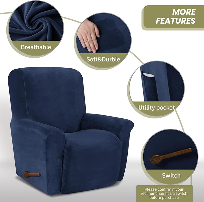 AZON Velvet Stretch Recliner Chair Cover,1-Piece Washable Recliner Couch Cover with Elastic Furniture Protector for Pets, Kids(Recliner, Navy Blue)