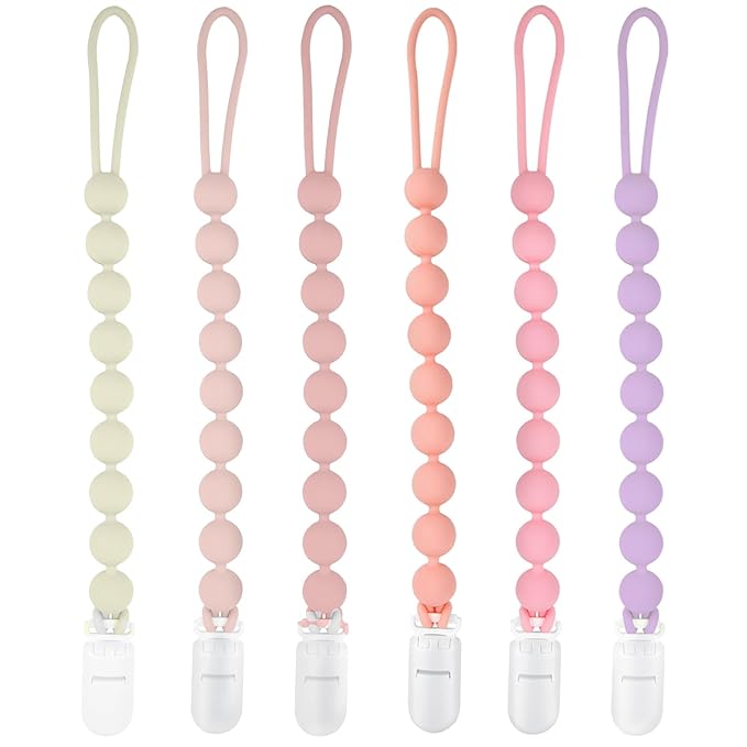 Silicone Pacifier Clip Holder, 6 Pack One Piece Soft Flexible Binky Clips Pacifier Holder Clip for Girls