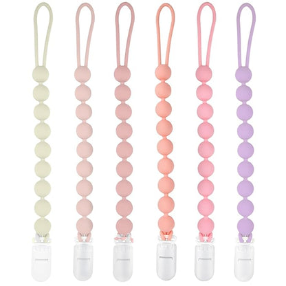 Silicone Pacifier Clip Holder, 6 Pack One Piece Soft Flexible Binky Clips Pacifier Holder Clip for Girls