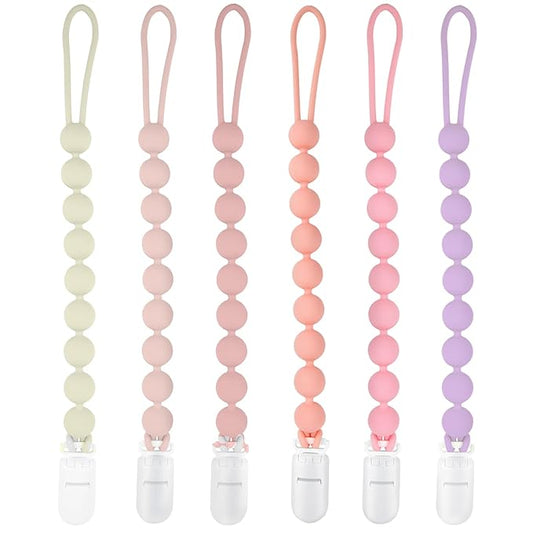 Silicone Pacifier Clip Holder, 6 Pack One Piece Soft Flexible Binky Clips Pacifier Holder Clip for Girls