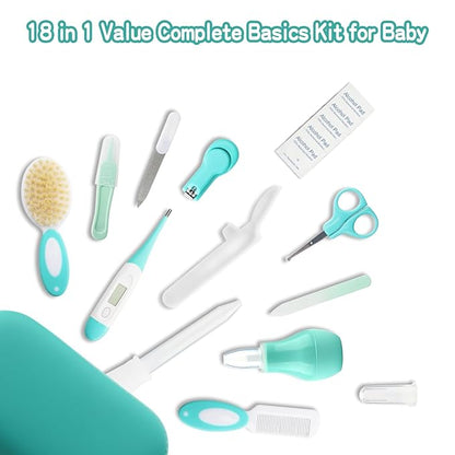 Baby Healthcare and Grooming Kit with Nail Clippers, Scissors (18 in 1, Green)