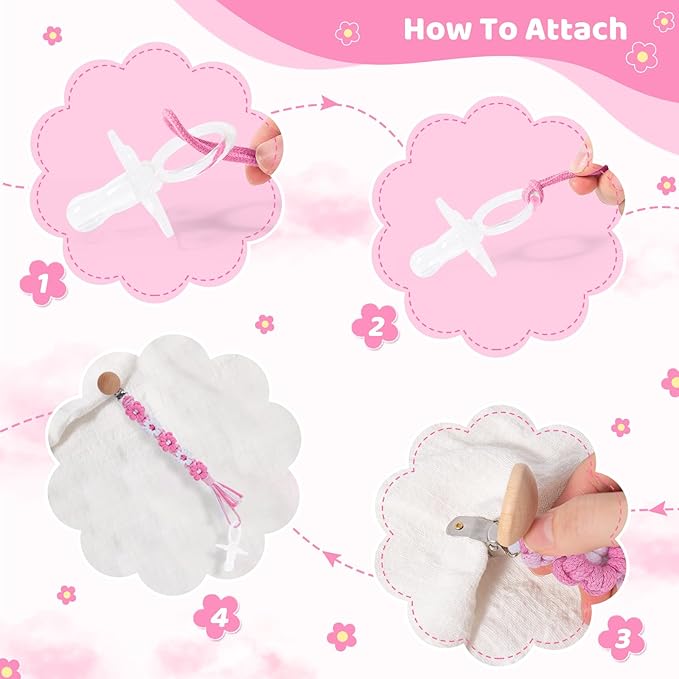 Pacifier Clip for Boys Girls Floral Daisy Macrame Baby Paci (2pack:Pink Daisy 2)