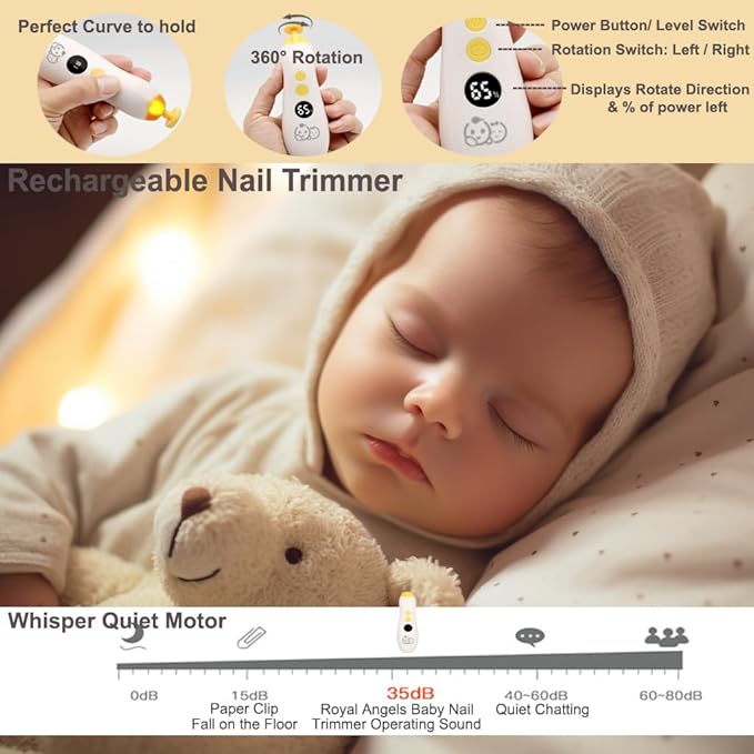 Royal Angels Rechargeable Baby Nail Trimmer 22 in 1, Safe Electric Baby Nail File 13 Replacements,