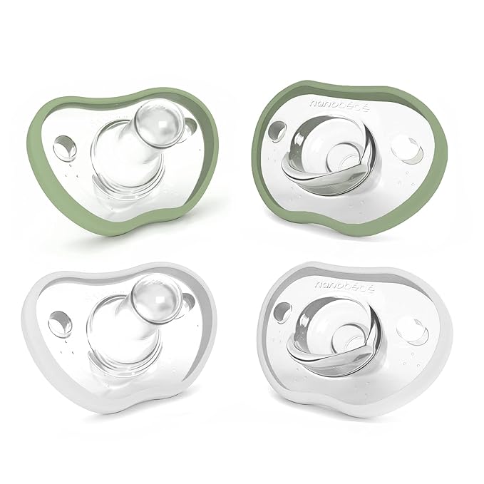 Nanobebe Baby Pacifiers 0-3 Month - Orthodontic, Curves Comfortably with Face Contour 100% Silicone 4pk, Sage/White