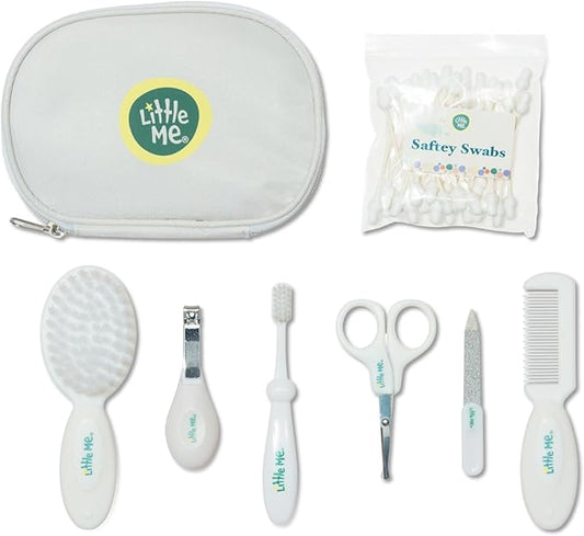 Little Me Baby Grooming Set - 8 Piece Essential Kit with Brush, Comb, Nail Clippers, Nail File, Toothbrush, Safety Swabs, and Travel Zipper Pouch - Baby Grooming Tools