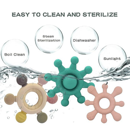 Baby Teething Toys-Silicone Boat Rudder Baby Teether Toys,Removable Wooden Ring 0-24 Months’╝?