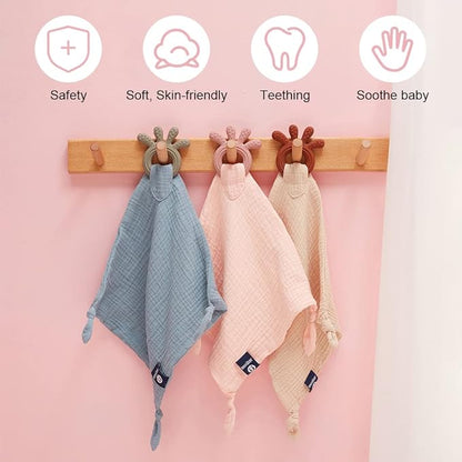 Baby Muslin Security Blanket with Food Grade Silionce Teether,Soothe Teething Toy for Boys and Girls 100% Polyester