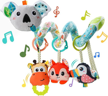 Jollybaby Crib Stroller Car Seat Toys for Baby 0-3-6-9-12 Months, Tummy Time Hanging Sensory Toys for Newborn with Music Box and Teether, Spiral Carseat Toy for Infant Boys Girls Gifts (Grey)