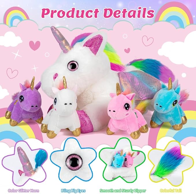 HONGTEYA Unicorn Stuffed Animals Toys, Unicorn Mommy Stuffed Animal with 4 Baby Unicorns in Her Tummy 3 4 5 6 7 8