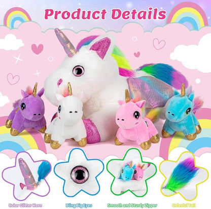 HONGTEYA Unicorn Stuffed Animals Toys, Unicorn Mommy Stuffed Animal with 4 Baby Unicorns in Her Tummy 3 4 5 6 7 8