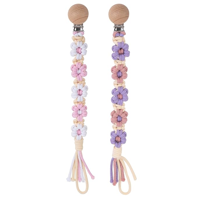 Pacifier Clip for Boys Girls Floral Daisy Macrame Baby Paci (2pack:Pink Daisy