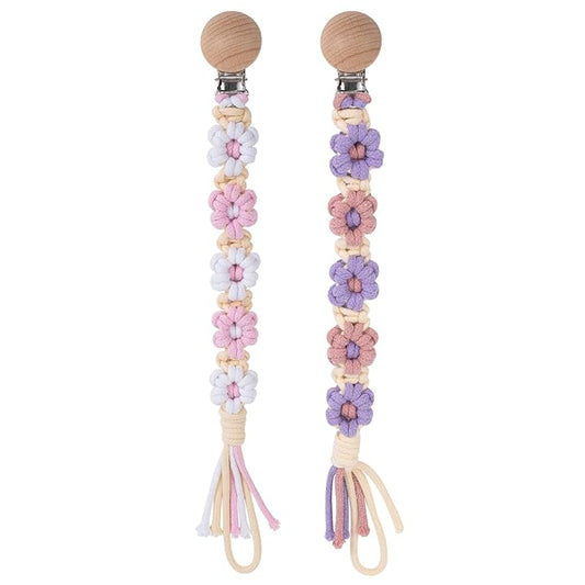 Pacifier Clip for Boys Girls Floral Daisy Macrame Baby Paci (2pack:Pink Daisy
