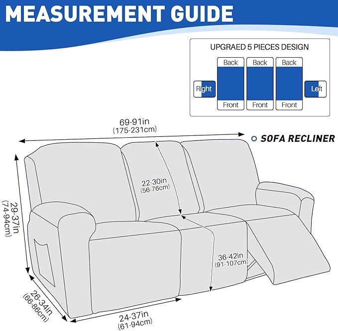 MAXIJIN Waterproof Recliner Couch Cover 5 Pieces Recliner Sofa Covers 3 Seater, Reclining Couch Furniture Protector with Elastic Straps & Pockets for Pet, Kids (Sofa Recliner, Khaki)