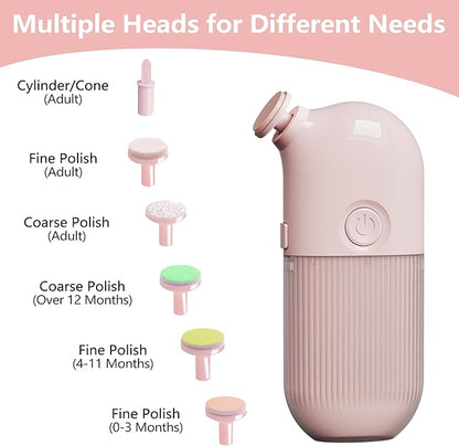 Electric Baby Nail Trimmer, Portable with 7 Grinding Heads, Rechargeable Whisper Quiet Nail Trim Polish Grooming Kit, Safe Nail File for Baby Newborn Infant Toddler Kids or Adults (Pink)