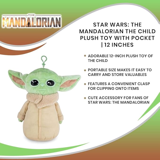Loungefly Star Wars: The Mandalorian The Child 12-Inch Plush Toy with Pocket Zipper | Baby Yoda Plush Clip-On Doll