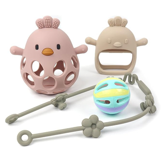 Baby Sensory 4-Piece Toy Set: Hollow Hand-Gripping Chicken Teether, Teething Mitten