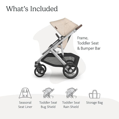 UPPAbaby Vista V3 Stroller - Full-Size Single-to-Double Stroller System - Toddler Seat, Bug Shield, Rain Shield, and Storage Bag Included - Declan (Oat Mélange/Silver Frame/Chestnut Leather)
