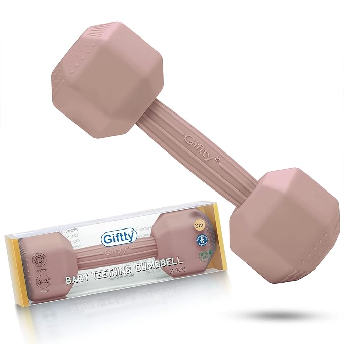 Giftty Baby Dumbbell Toy - Silicone Infant Rattle Teething Toy Teether Toddler Sensory Toy Durable Safe Exercises Workout Weight (1pcs -