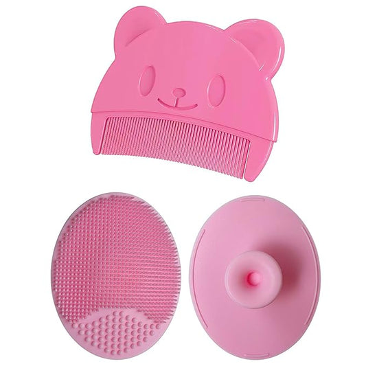 Baby Bath Brush, Baby Cradle Cap Brush, Silicone Massage Brush, Baby Comb, Children's Comb（3pcs） (Pink)
