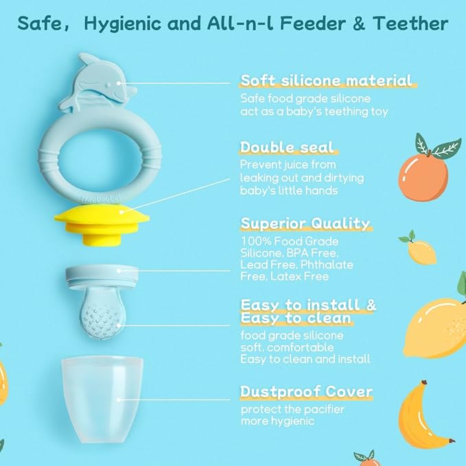 Baby Solids/Frozen Fruit Feeder Pacifier, Infant Teether Toy 4M+ 2-Pack (Dolphin
