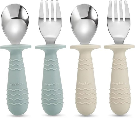 PandaEar 4 Set Baby Toddler Silicone Stainless Steel Utensils Silverware Spoon Fork for Baby Toddler BPA Free with Silicone Holding Anti-Choke Design