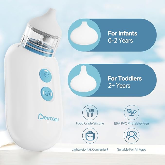 Berrcom Electric Nasal Aspirator for Baby, Baby Nose Sucker for Toddler Nose Suction for Infants 2 Suction 2 Silicone