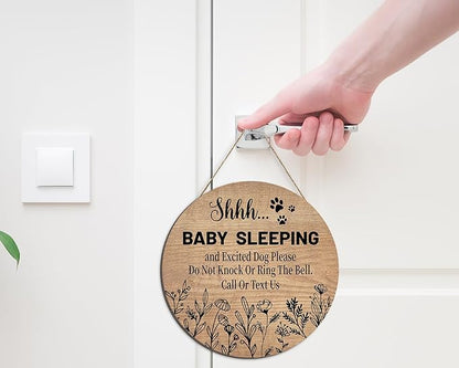 Pigort Funny Baby Sleeping Hanging Sign Plaque, Do Not Knock Or Ring The Bell (12x12inch) (Round-Brown)