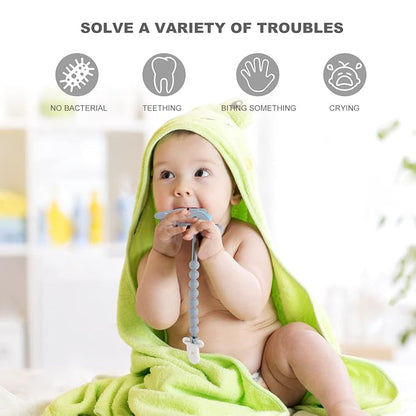 Baby Teething Toys for Babies 3-6 6-12 Months, Dinosaur Teether Pain Relief Toy with One Piece Design Pacifier Clip Holder Set