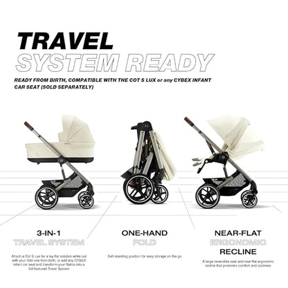 Cybex Balios S Lux Toddler and Baby Stroller with Reversible Seat, Unique One-Pull Harness, and Multiple Recline - Travel System Ready, with One Hand Fold, Taupe Frame/Seashell Beige Seat
