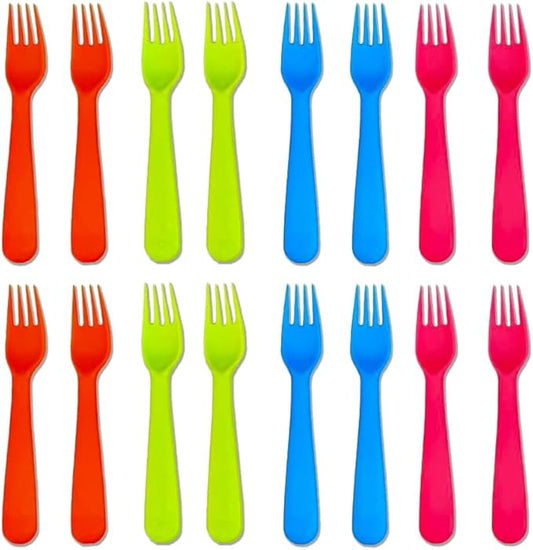 Jawbush 16Pcs Plastic Kids Forks, Reusable Toddler Utensils with Bright Colors, Durable Silversware Set for Lunch Box Camping or Travel, Easy Grips Both for Kids or Adults, BPA Free Dishwasher Safe
