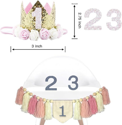 High Chair Banner 1-3st Birthday Decorations Girl- Wood Bead Tassel Garland, Princess Crowns Hat for Baby