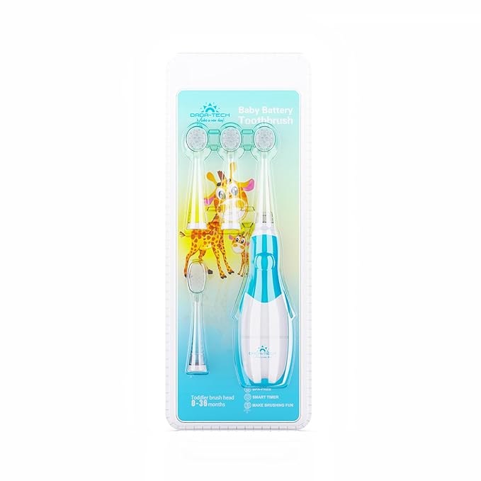 DADA-TECH Toddler Electric Toothbrush Kids Age 1-2-3 Years Old, Baby Electric Toothbrush with LED Light 2 Minutes Timer 4 Vibrating Heads for Infants Toothbrush 6 to 12 Months and Up (Blue)