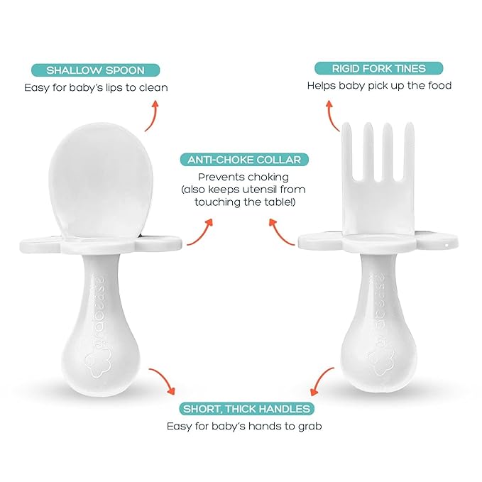 Grabease Toddler Utensils Toddler Spoons and Forks Baby Silverware Baby Self Feeding Utensils, BPA-Free & Phthalate-Free for Baby & Toddler, 1 Set, Plastic, White