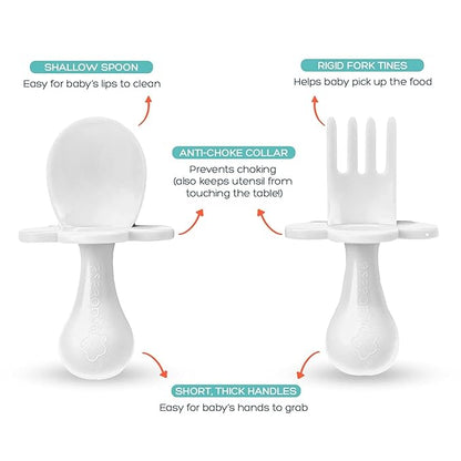Grabease Toddler Utensils Toddler Spoons and Forks Baby Silverware Baby Self Feeding Utensils, BPA-Free & Phthalate-Free for Baby & Toddler, 1 Set, Plastic, White