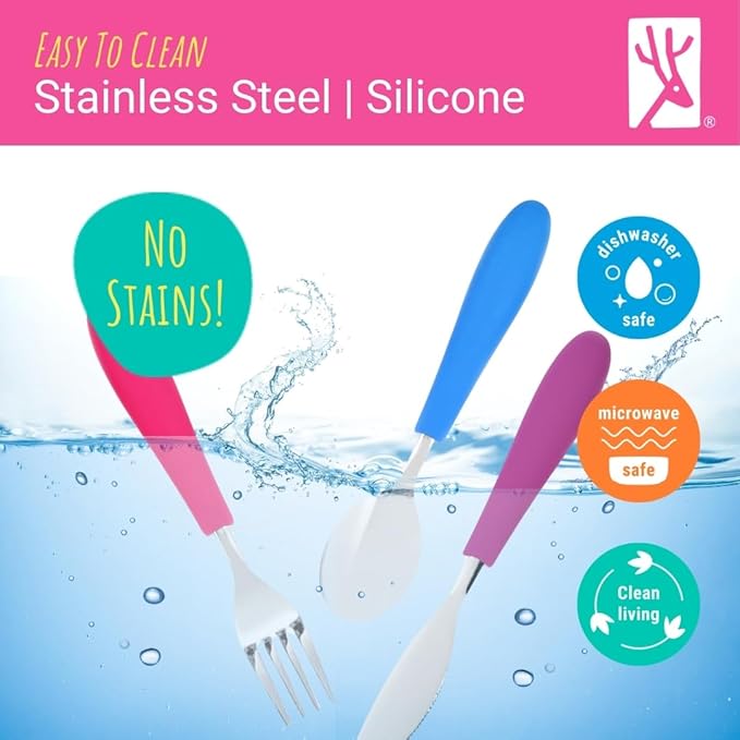 Elk and Friends Kids Silverware with Silicone Handle | Childrens Safe Flatware | Kids Utensils | Spoon + Fork + Knife set | 4 years+ | 6 Pieces
