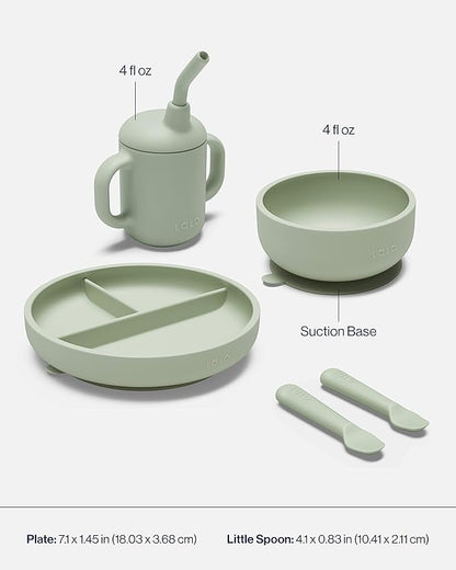 Lalo First Bites Silicone Baby Feeding Set - Baby Led Weaning Supplies - Non-Toxic Silicone - Includes 2 Bibs, 2 Spoons, Training Cup, Suction Plate and Bowl - 6 Pieces - Sage